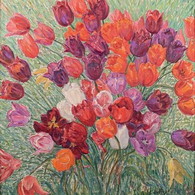 peinture représentant un bouquet de tulipes dans un vase posé sur une table