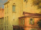 a painting of a boat on a river in front of a building
