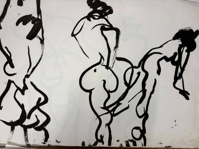 a black and white drawing of a woman on a horse
