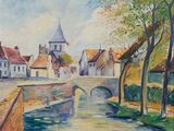 painting of a village with a bridge and a church in the background