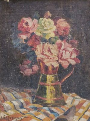 R. VAN CLEEMPUT "Bouquet de fleurs et nappe à carreaux", hui… - Photo 1