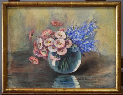 a painting of flowers in a vase on a table