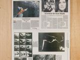 newspapers on a wooden table with pictures of people and birds