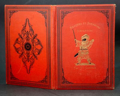 a red book with an image of a man holding a sword