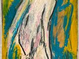 an image of a painting of a woman on a yellow and blue background