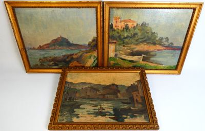 three framed paintings of a castle and a body of water