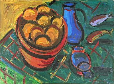 a painting of a bowl of oranges on a table