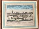 a painting of a view of a city with a sky background