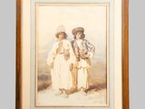a painting of two women standing next to each other on a wall