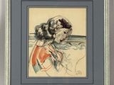 painting of a woman in a red dress with a cat on her shoulder