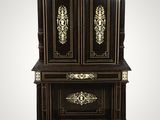a black and gold painted cabinet with two doors and drawers