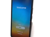an image of a cell phone with a welcome screen on the screen