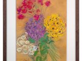 an image of a painting of flowers in a vase on a yellow background