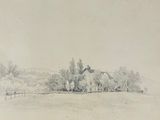 drawing of a house in a field with trees in the background