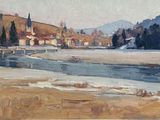 une image représentant un tableau représentant une petite ville au bord d'une rivière