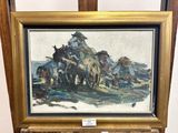 an oil painting of a horse drawn carriage on a wooden easel