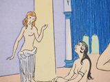 a drawing of two women sitting on the floor