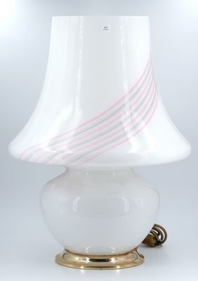 an image of a white lamp with a pink stripe shade on it