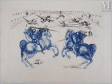 drawing of two horses with a man on one horse and a man on the other horse