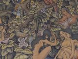painting of a group of people in a jungle with birds and flowers
