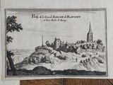 an old drawing of a castle on a hill with a church in the background