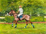 tableau représentant un joueur de polo à cheval dans un champ verdoyant