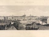 une vieille photo montrant une vue de la ville depuis une colline