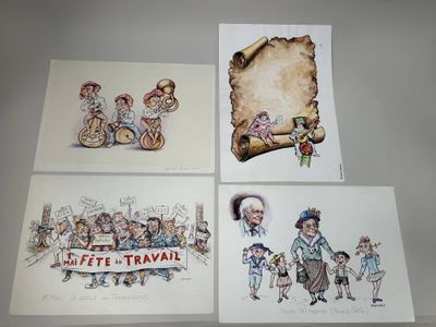 quatre cartes postales représentant des personnages de dessins animés avec un parchemin et un autre parchemin
