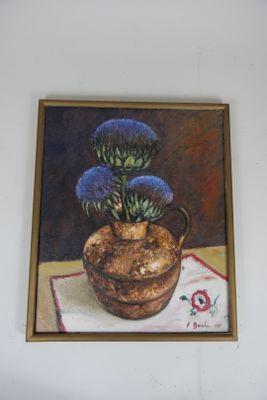 a picture of a painting of a potted plant on a table