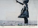 a black and white painting of a girl holding a red balloon