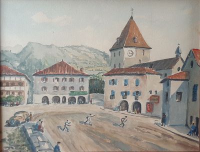 a painting of a town with a clock tower in the background