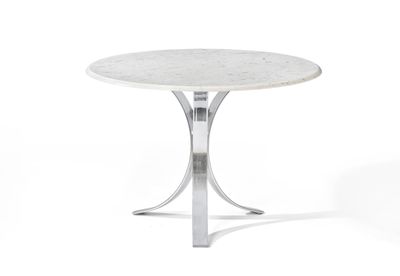 an image of a white marble table with a metal base