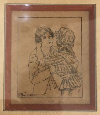 un vieux dessin représentant une femme tenant un enfant dans ses bras