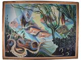 une peinture représentant un groupe de poissons nageant dans l'océan