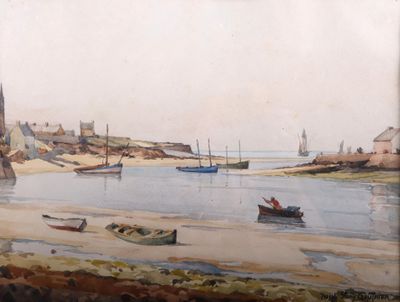 un tableau représentant des bateaux sur l'eau près d'une plage