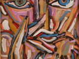 an abstract painting of a man ' s face with his hands on his face