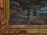 a picture of a painting of a man in a boat on the water