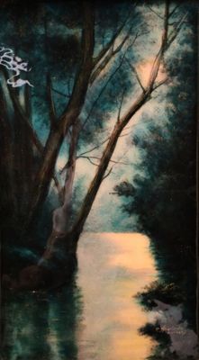 une photo d'un tableau représentant une rivière dans les bois