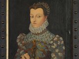 un tableau représentant une femme en robe bleue, avec des perles autour du cou