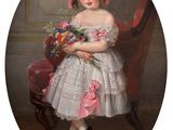 portrait of a young girl in a white dress holding a bouquet of flowers