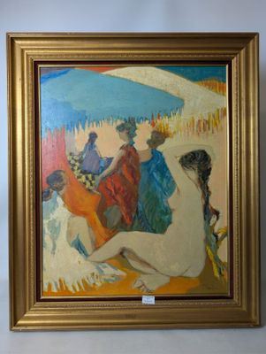 a painting of a woman sitting on a beach with a parasol