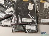 many bags of different types of clothing sitting on a table