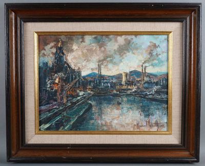 an image of a painting of a city with a river in the foreground