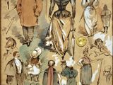 tableau représentant un groupe d'hommes et de femmes vêtus à la mode victorienne
