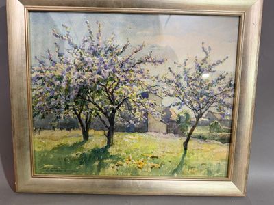 an oil painting of two trees in a field with a barn in the background