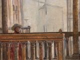 painting of a man standing on a balcony in front of a building