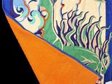 an orange and blue towel with a fish design on it