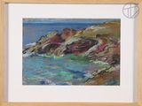 an oil painting of a rocky coast with a lighthouse in the distance