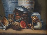 a painting of a still life with various objects on a table