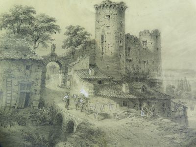 dessin représentant un vieux château avec une tour et une porte